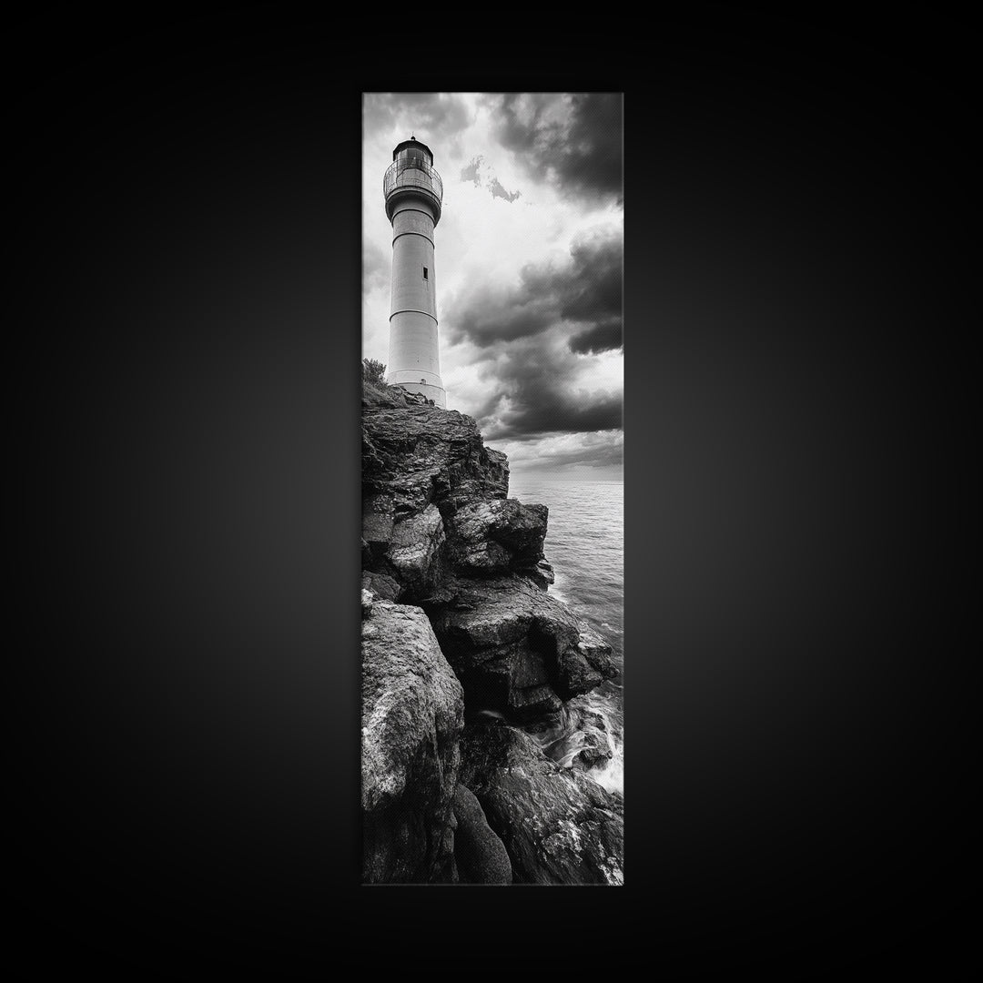 Lighthouse Coast, Stormy Sky, Black White Ocean, Framed Canvas Print, Nautical Wall Art, Rustic Beach House Living Room Decor