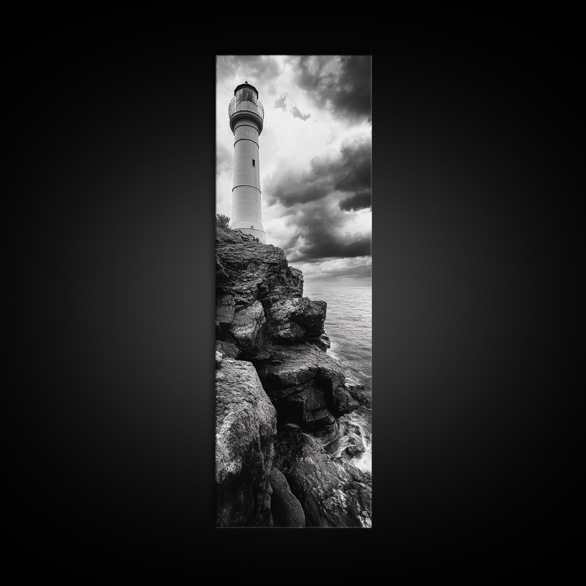 Lighthouse Coast, Stormy Sky, Black White Ocean, Framed Canvas Print, Nautical Wall Art, Rustic Beach House Living Room Decor