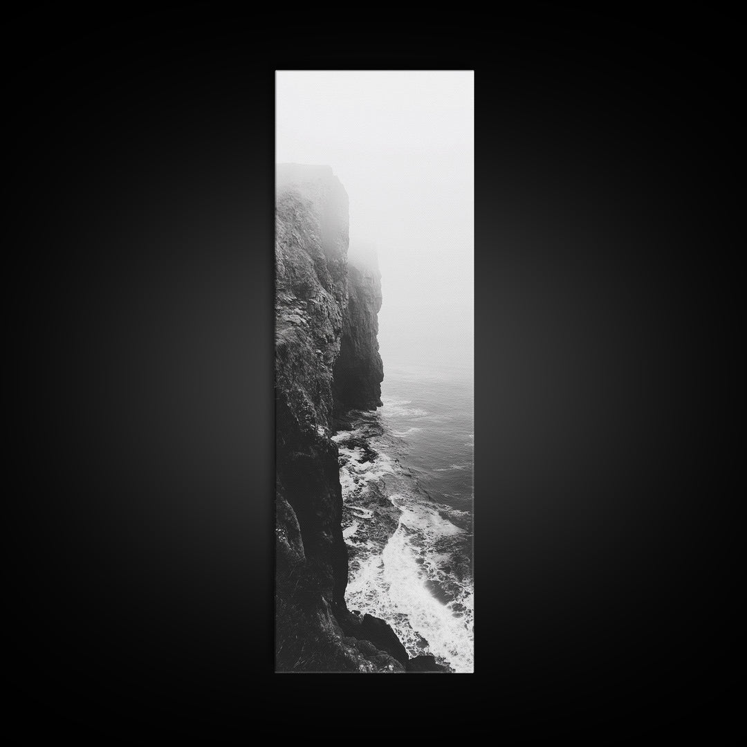 Foggy Cliffs, Moody Coast, Dramatic Seascape, Framed Canvas Print, Modern Dark Aesthetic Art, Minimalist Living Room Wall Decor