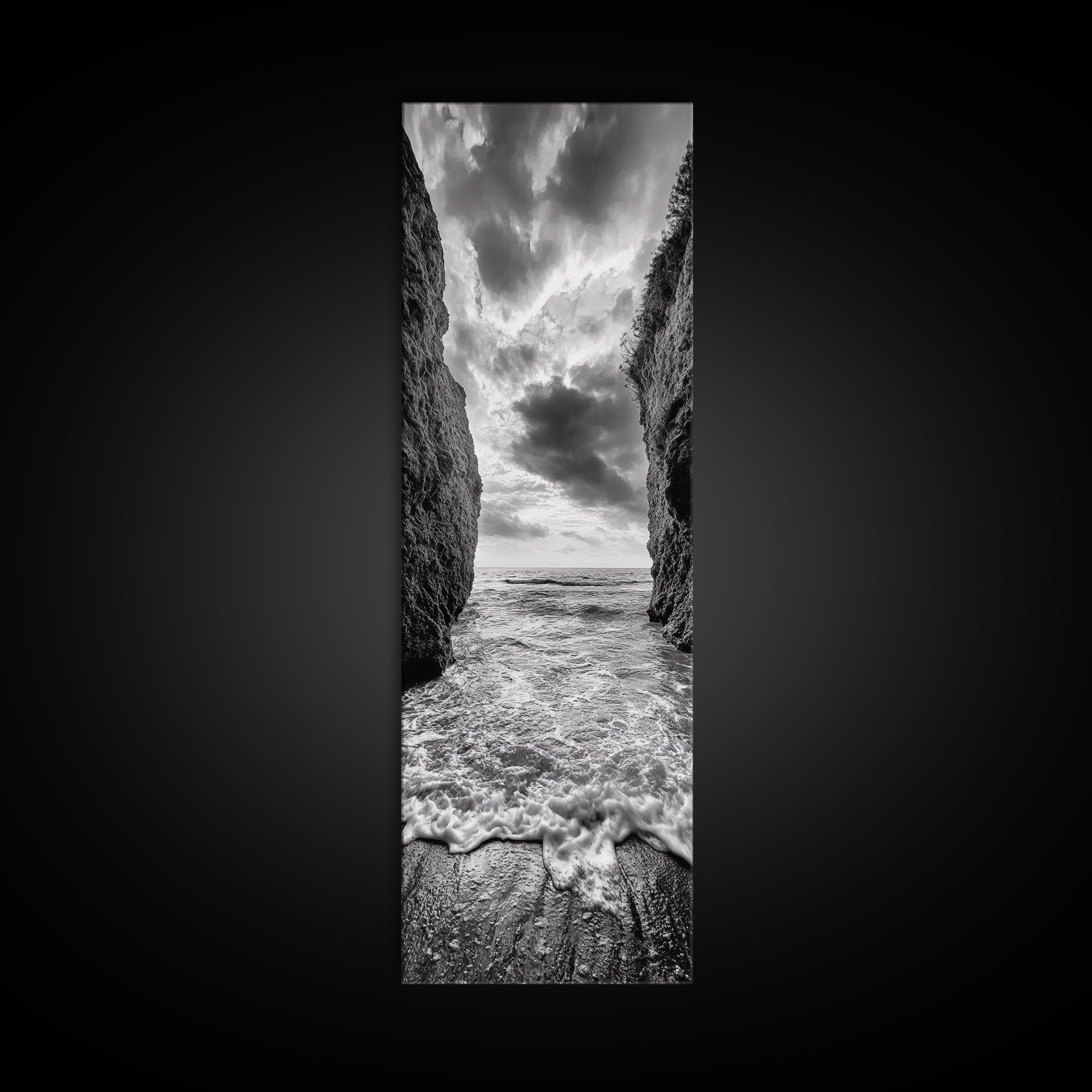 Ocean Gap, Cliffside Horizon, Black White Waves, Framed Canvas Print, Modern Coastal Wall Art, Nautical Living Room Decor,  Nature Decor