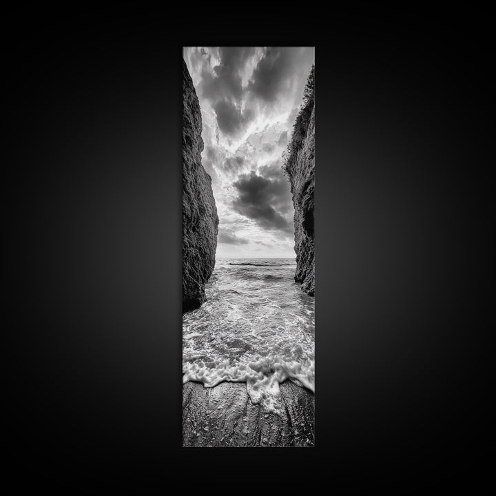 Ocean Gap, Cliffside Horizon, Black White Waves, Framed Canvas Print, Modern Coastal Wall Art, Nautical Living Room Decor,  Nature Decor