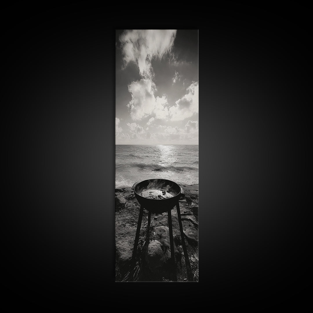 Smoky Grill, Seaside BBQ, Coastal Cooking, Framed Canvas Print, Rustic Outdoor Kitchen Art, Summer Vibes Wall Decor, Moody Beach Scene