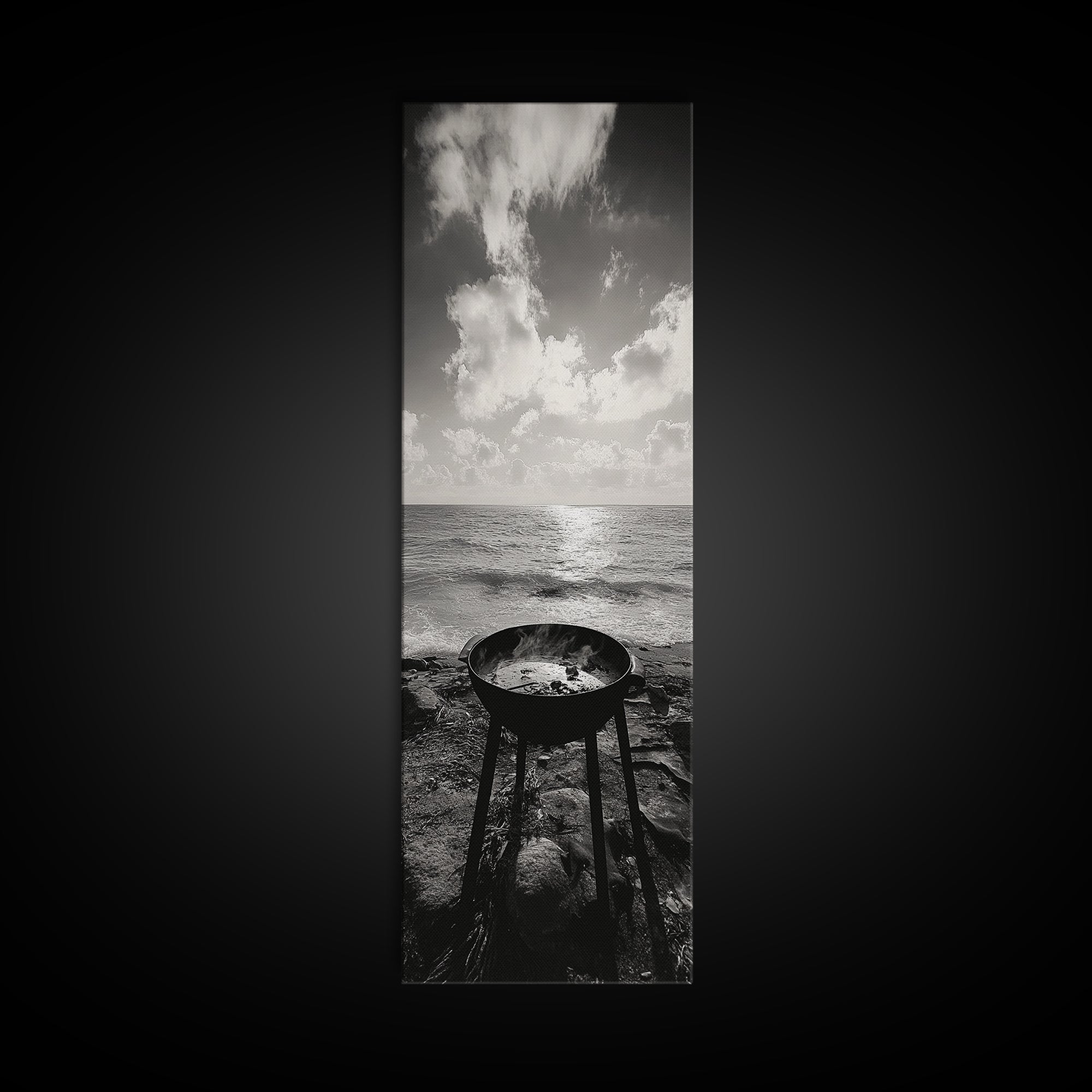 Smoky Grill, Seaside BBQ, Coastal Cooking, Framed Canvas Print, Rustic Outdoor Kitchen Art, Summer Vibes Wall Decor, Moody Beach Scene