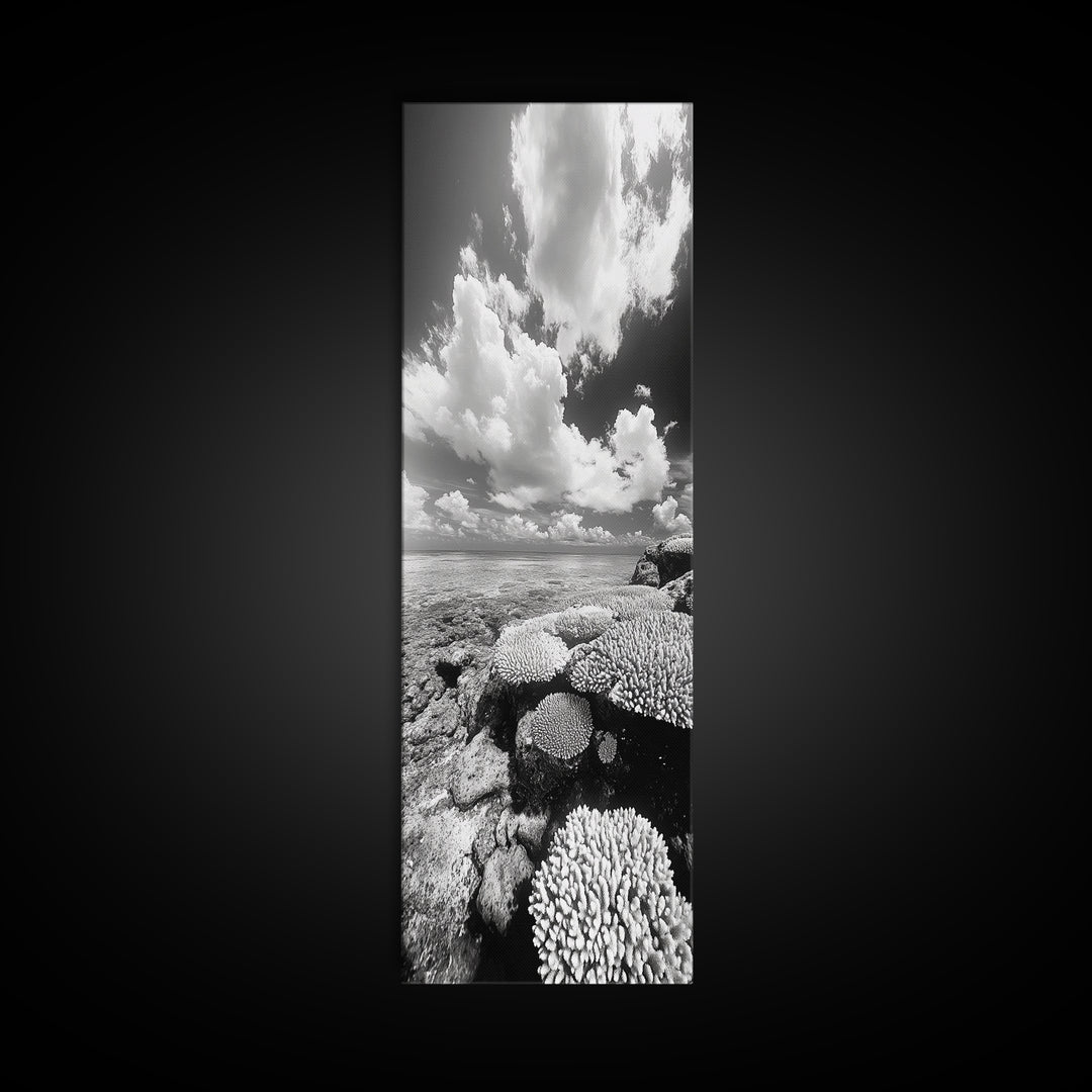 Coral Reef, Ocean Horizon, Puffy Clouds, Framed Canvas Print, Coastal Bathroom Art, Nautical Decor, Black and White Beach Style