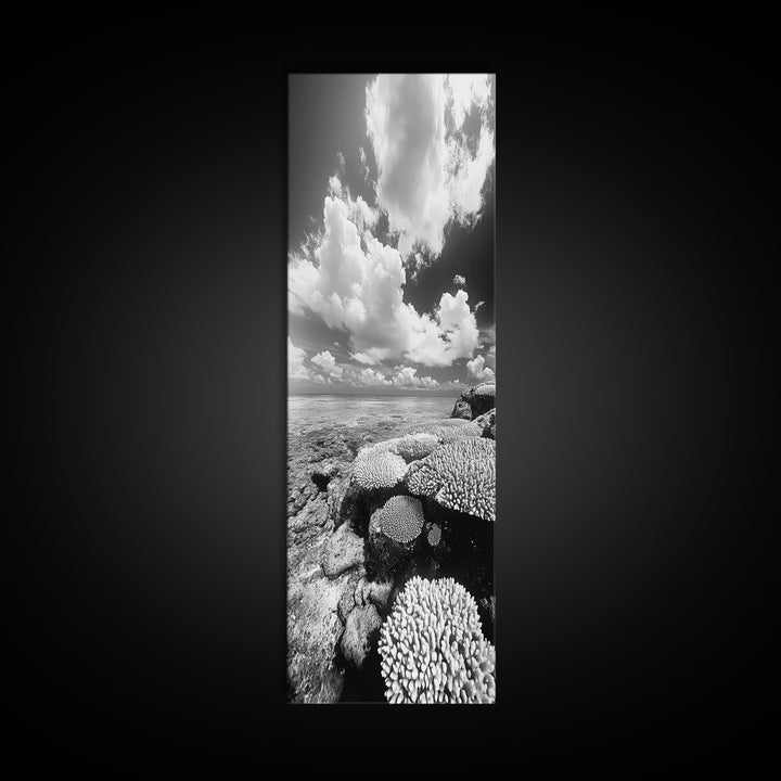 Coral Reef, Ocean Horizon, Puffy Clouds, Framed Canvas Print, Coastal Bathroom Art, Nautical Decor, Black and White Beach Style