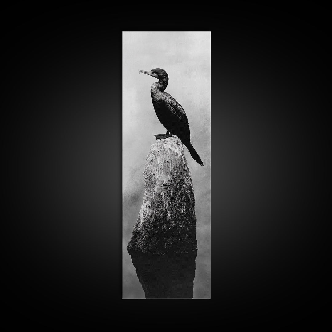 Cormorant Bird, Driftwood Perch, Moody Sky, Framed Canvas Print, Coastal Wildlife Wall Art, Nature Lover Gift, Rustic Room Decor