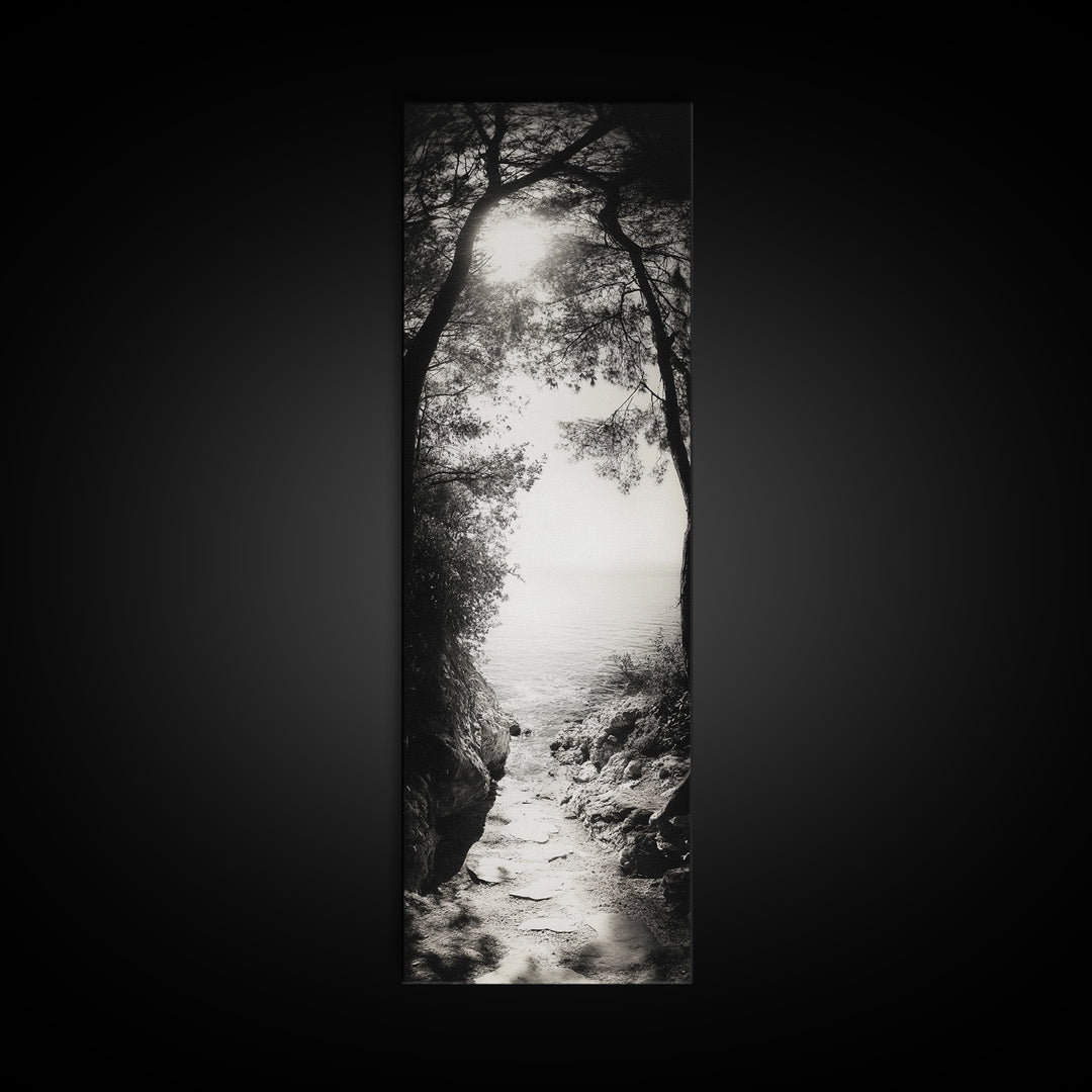 Ocean Pathway, Forest Light, Peaceful Coast, Dreamy Trail, Nature Escape, Framed Canvas Print, Entryway Wall Art, Moody Landscape