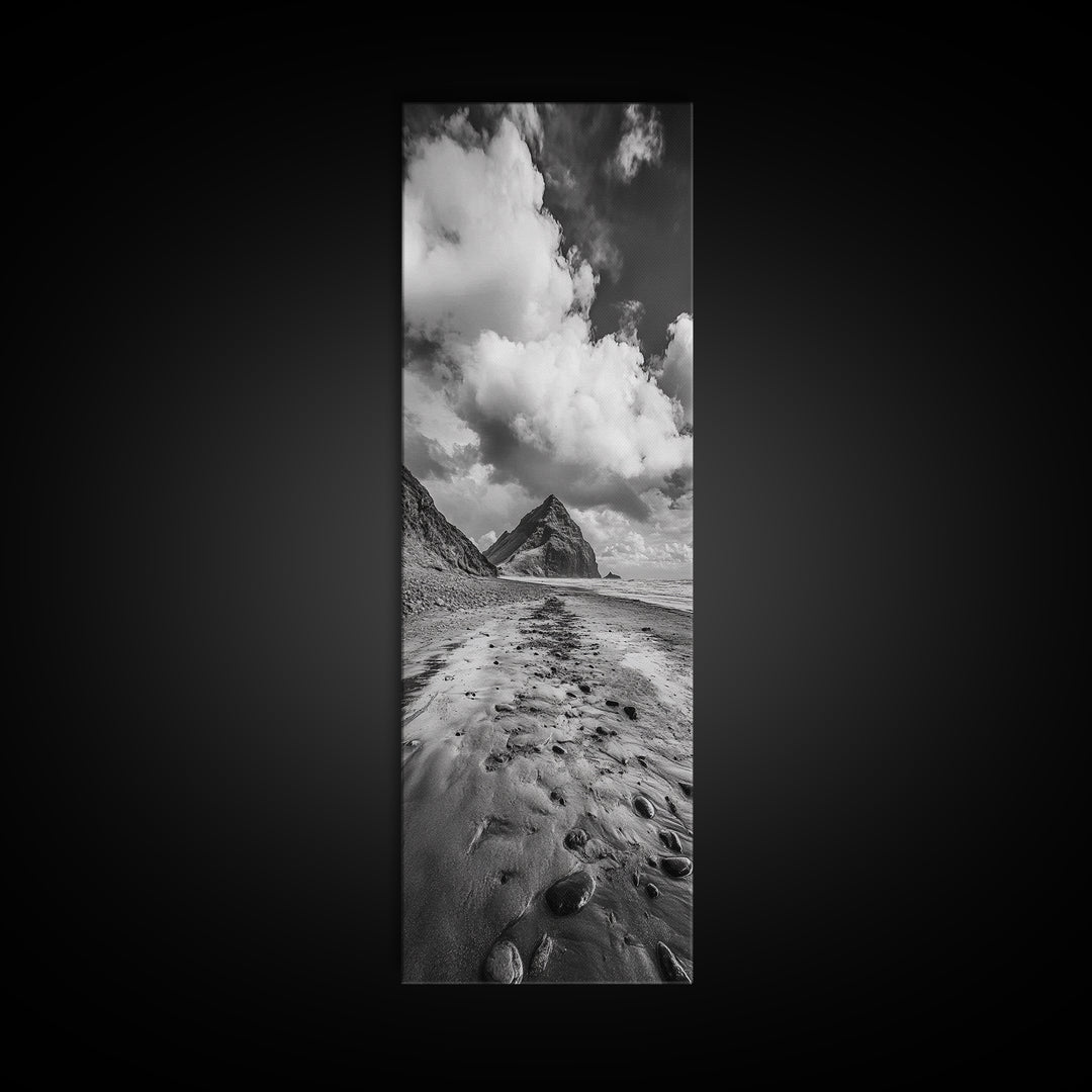 Mountain Beach Path, Cloudy Sky Landscape, Black and White Nature Scene, Framed Canvas Print, Entryway Fall Coastal Wall Decor