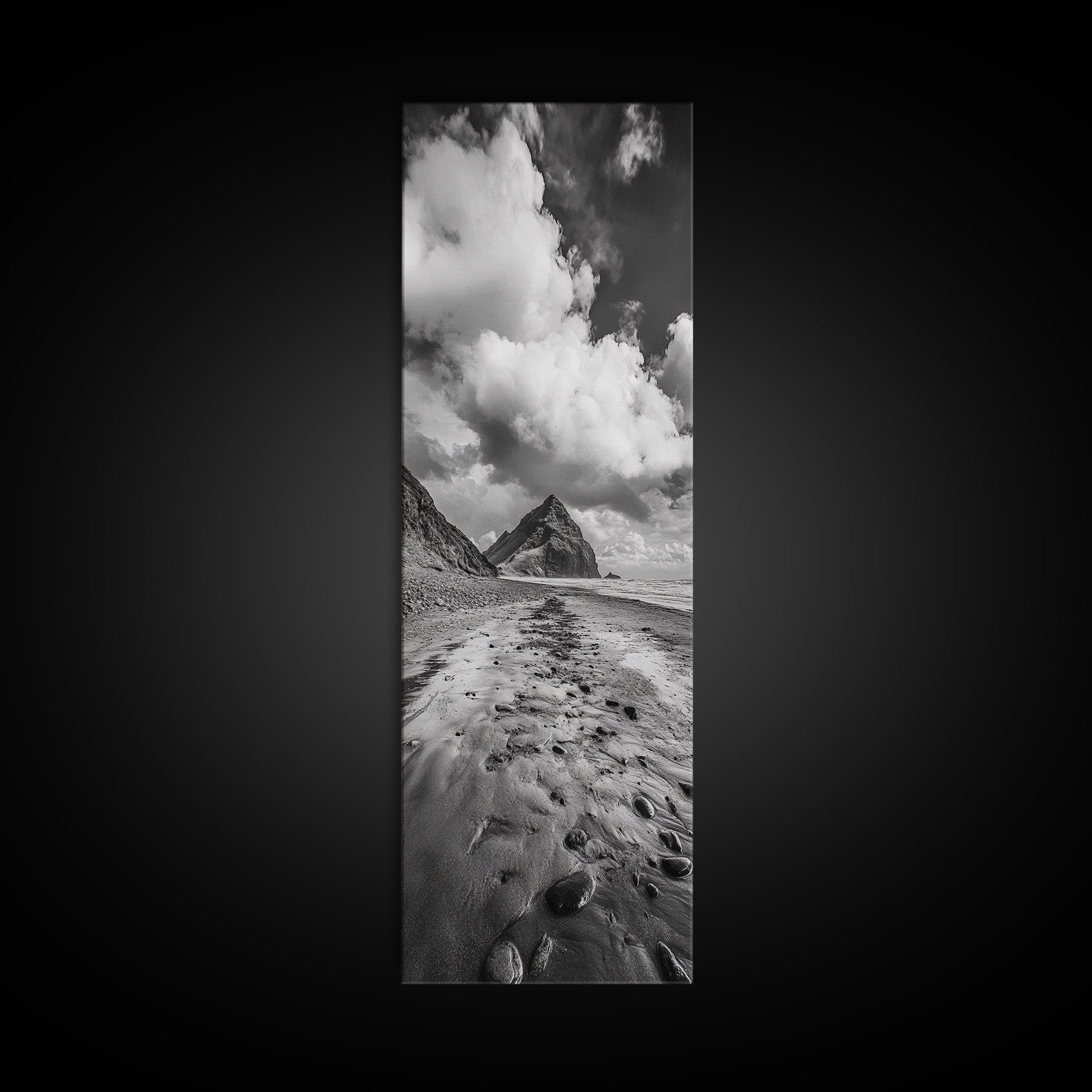 Mountain Beach Path, Cloudy Sky Landscape, Black and White Nature Scene, Framed Canvas Print, Entryway Fall Coastal Wall Decor