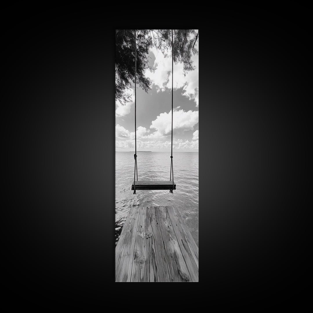 Lakeside Swing Stillness, Serene Water View Print, Peaceful Dock Photography, Canvas Print, Tranquil Bedroom or Office Wall Art