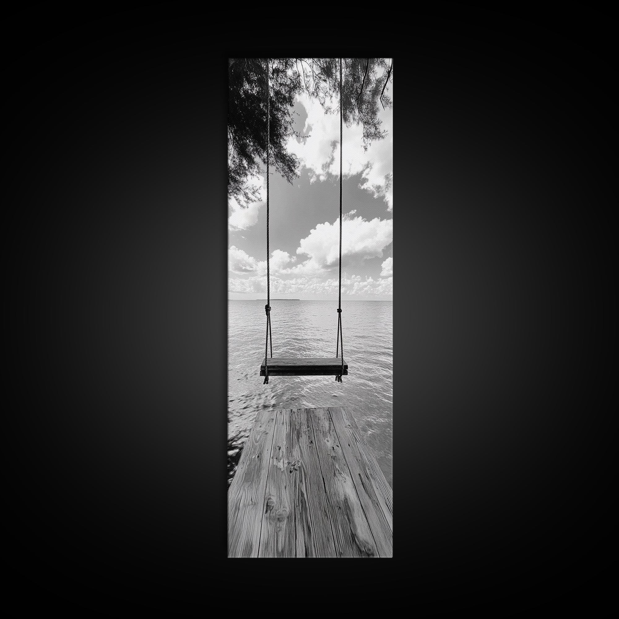 Lakeside Swing Stillness, Serene Water View Print, Peaceful Dock Photography, Canvas Print, Tranquil Bedroom or Office Wall Art