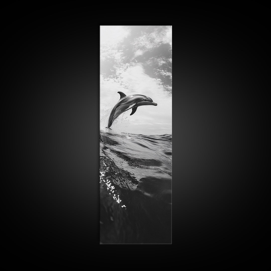 Dolphin Ocean Jump, Black and White Sea Life Print, Coastal Marine Wall Art, Canvas Print, Beach House Decor, Nature Photography