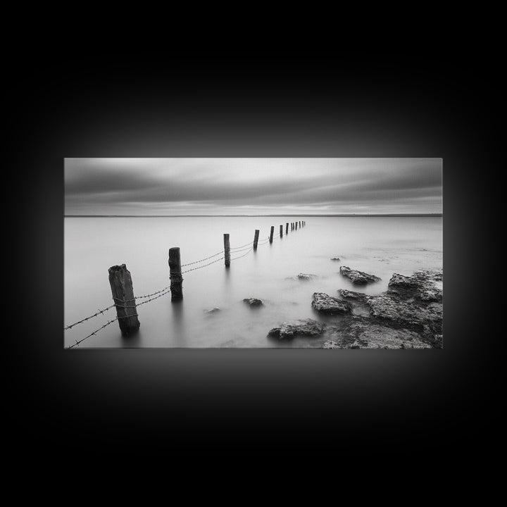 Coastal Fence Line, Tranquil Ocean Scene, Soft Minimalist Photo, Framed Canvas Print, Bathroom or Hallway Wall Art, Zen Vibes