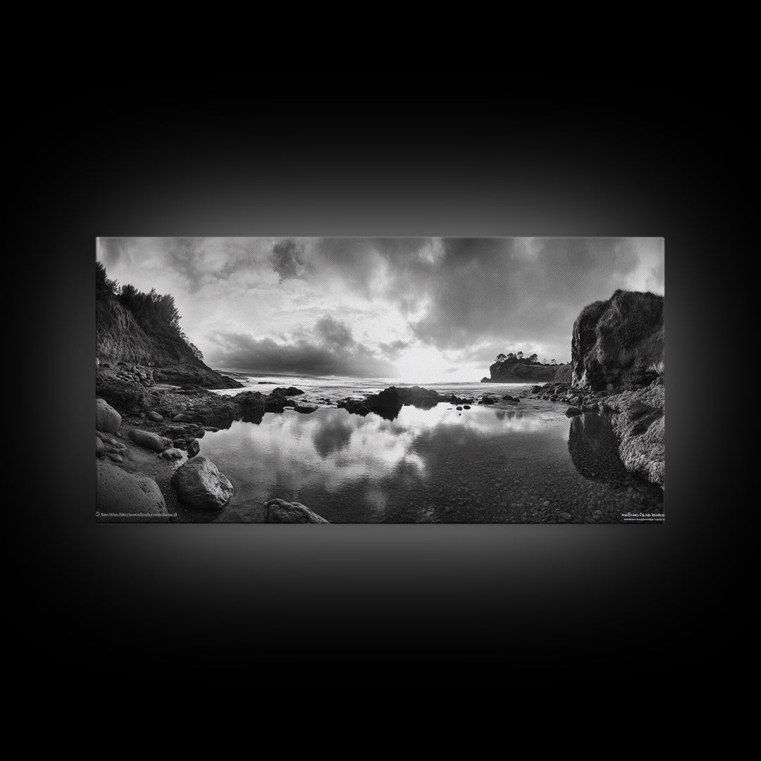 Coastal Reflection, Tide Pools, Dramatic Sky, Ocean Cliff Landscape, Framed Canvas Print, Bedroom Nature Photography Art