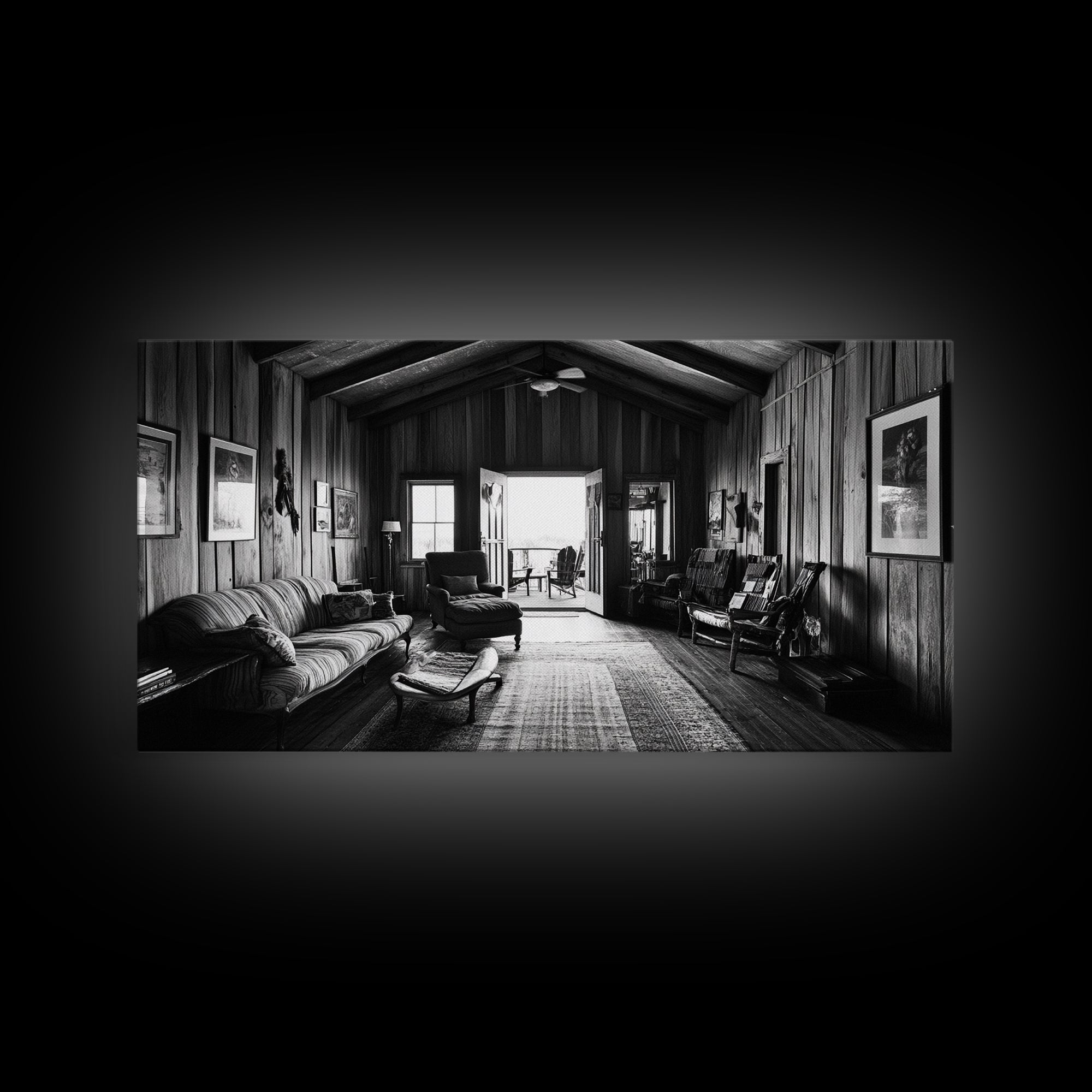 Cozy Cabin Interior, Rustic Living Space, Wood Wall Charm, Canvas Print, Country Living Room Art, Americana Wall Photography