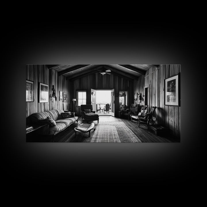 Cozy Cabin Interior, Rustic Living Space, Wood Wall Charm, Canvas Print, Country Living Room Art, Americana Wall Photography