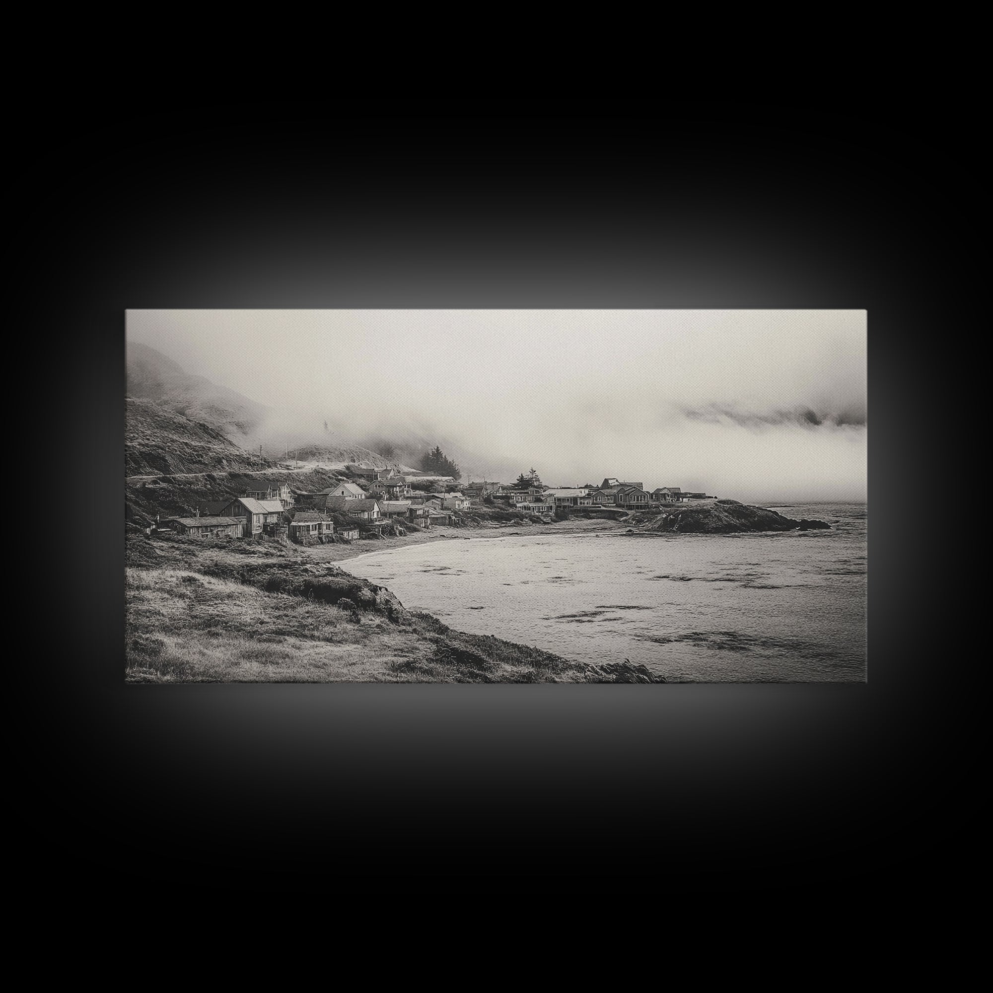 Coastal Fog Village, Misty Ocean Cliff Scene, Black and White Landscape, Canvas Print, Bedroom Wall Art, Rustic Coastal Decor