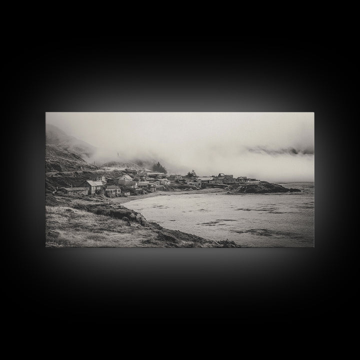 Coastal Fog Village, Misty Ocean Cliff Scene, Black and White Landscape, Canvas Print, Bedroom Wall Art, Rustic Coastal Decor