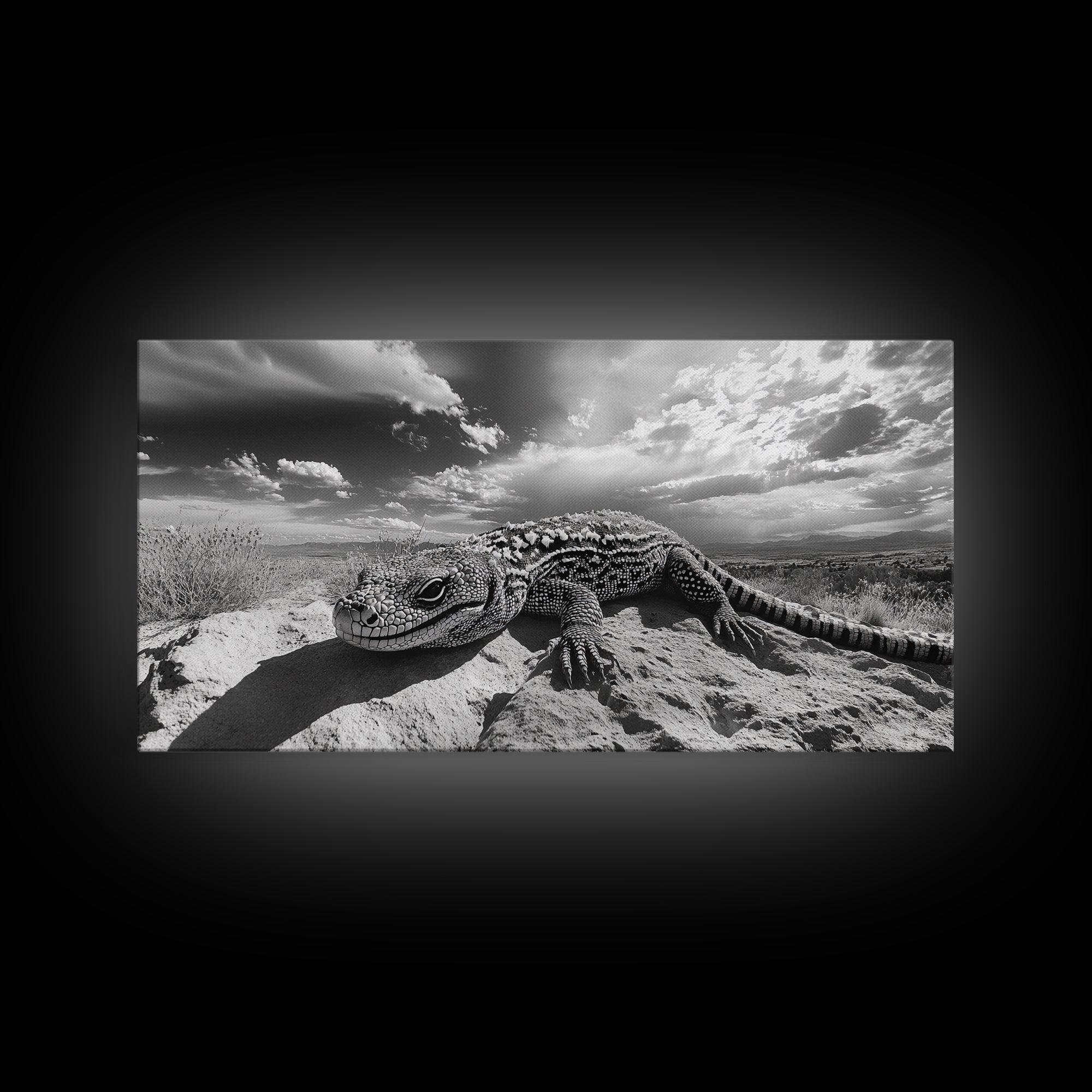 Desert Lizard Close-Up, Reptile Wildlife Photography, Dramatic Sky Scene, Canvas Print, Living Room Wall Art, Nature Decor