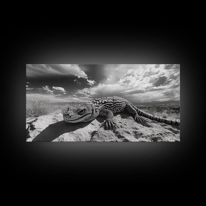Desert Lizard Close-Up, Reptile Wildlife Photography, Dramatic Sky Scene, Canvas Print, Living Room Wall Art, Nature Decor
