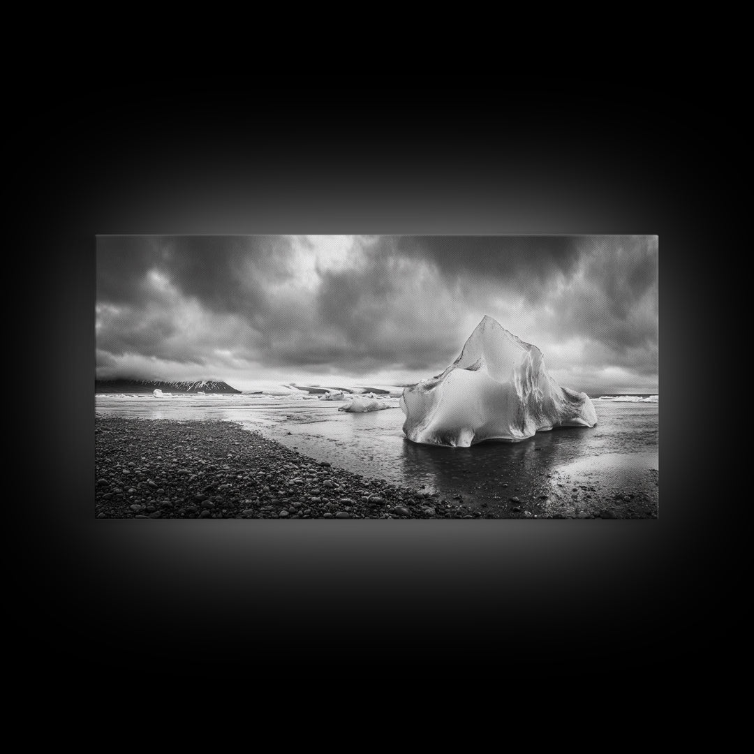 Arctic Iceberg Shore, Moody Cloud Sky, Frozen Water Landscape, Framed Canvas Print, Office Wall Art, Nordic Minimalist Art