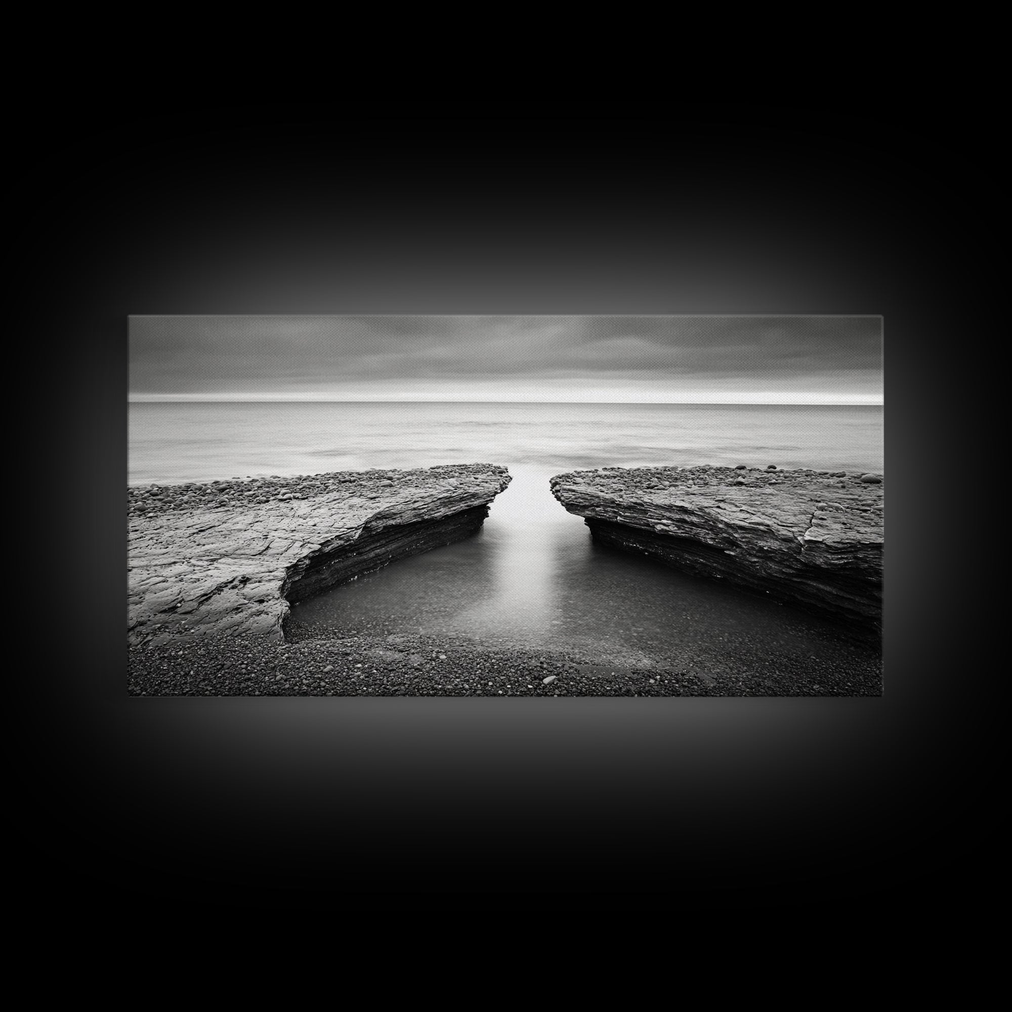 Ocean Rock Split, Calm Seascape Horizon, Monochrome Photography, Canvas Print, Bathroom Wall Art, Zen Coastal Aesthetic, Office Wall Art