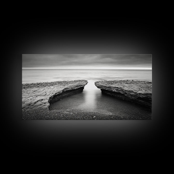 Ocean Rock Split, Calm Seascape Horizon, Monochrome Photography, Canvas Print, Bathroom Wall Art, Zen Coastal Aesthetic, Office Wall Art