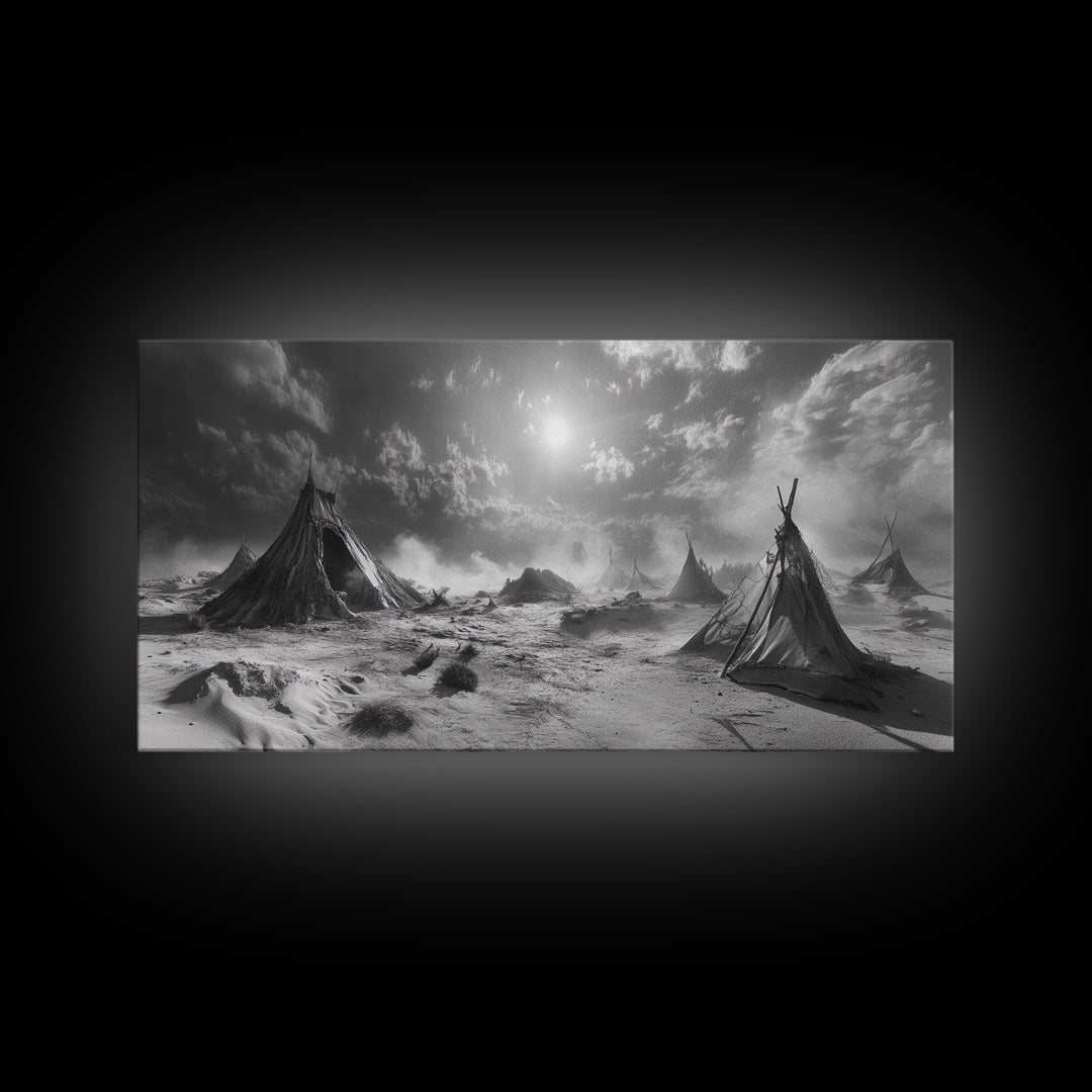 Desert Tent Scene, Surreal Tribal Landscape, Stormy Sky Tents, Canvas Print, Living Room Wall Art, Boho Nomad Aesthetic, Living Room Wall Art