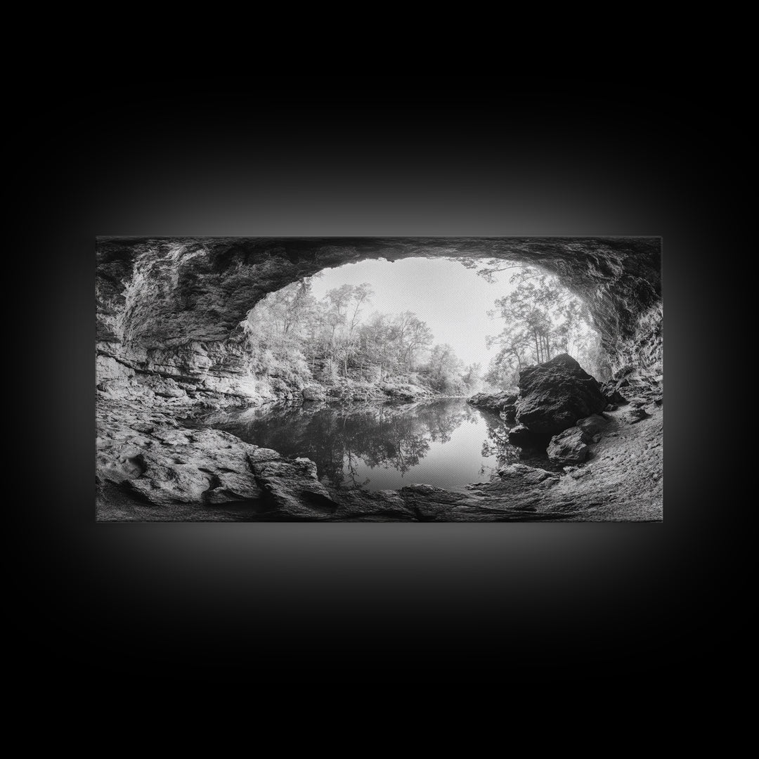 Cave Entrance Lake, Hidden Forest View, Rock Reflection Water, Canvas Print, Hallway Wall Art, Adventure Wilderness Decor, Minimalist Style
