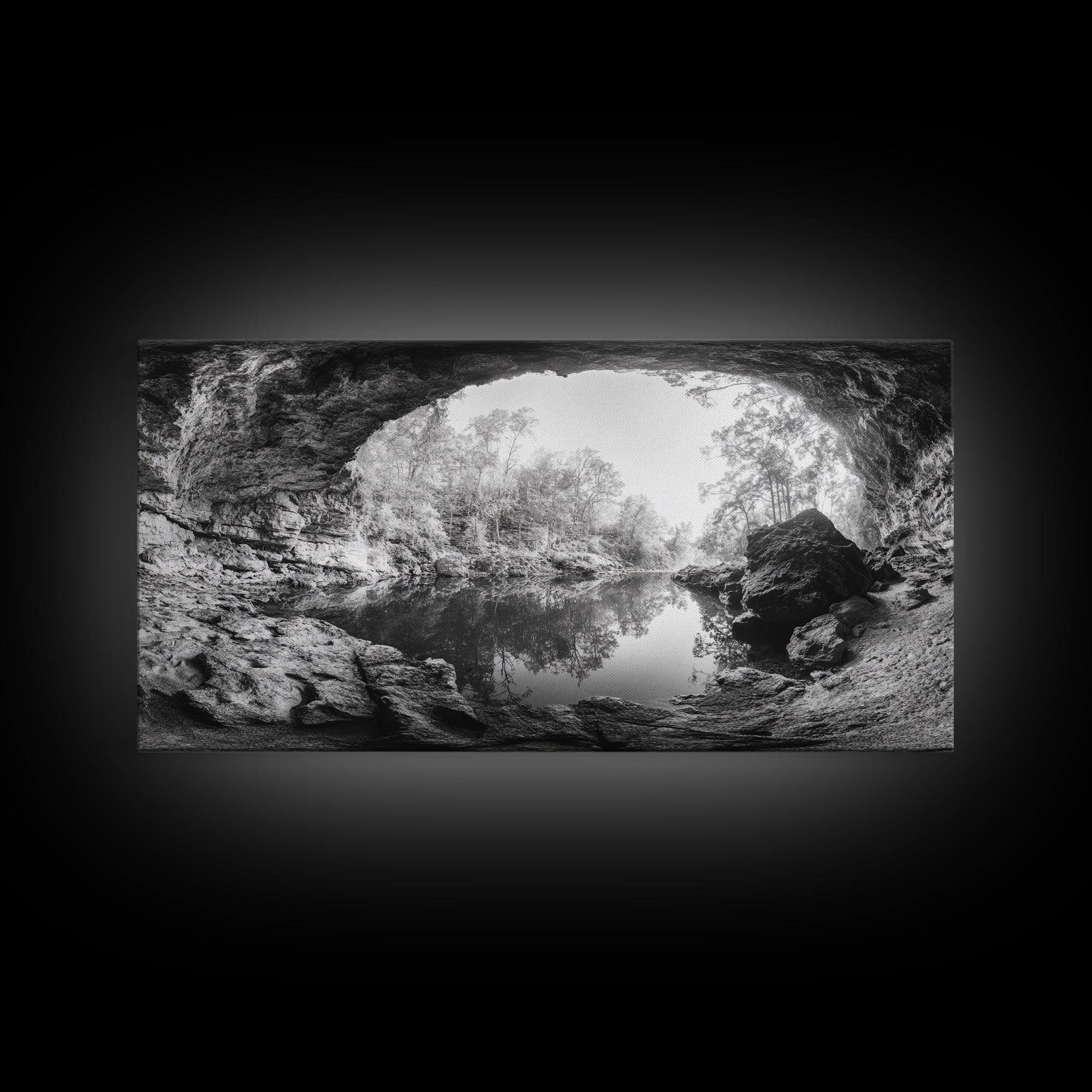 Cave Entrance Lake, Hidden Forest View, Rock Reflection Water, Canvas Print, Hallway Wall Art, Adventure Wilderness Decor, Minimalist Style