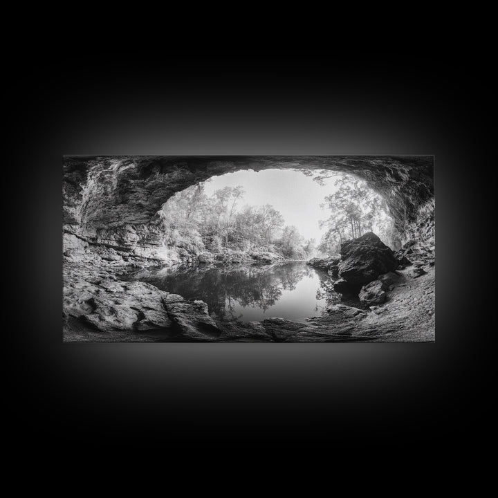Cave Entrance Lake, Hidden Forest View, Rock Reflection Water, Canvas Print, Hallway Wall Art, Adventure Wilderness Decor, Minimalist Style