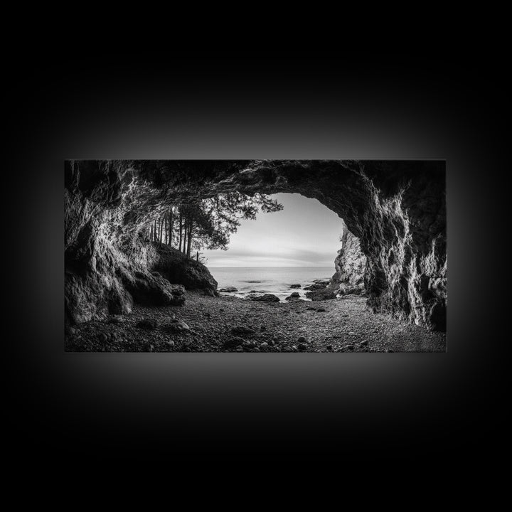 Ocean Cave Opening, Rugged Shoreline Exit, Dramatic Coastal Rock, Canvas Print, Entryway Wall Art, Moody Nautical Decor, Farmhouse Entryway