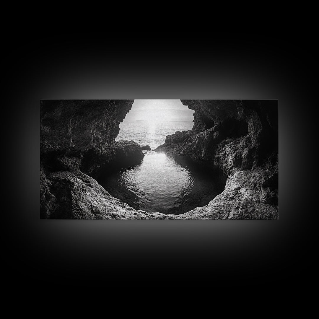 Ocean Cave Sunset, Seascape Art, Black and White Photography, Coastal Decor, Minimalist Style, Canvas Print, Bathroom Wall Art