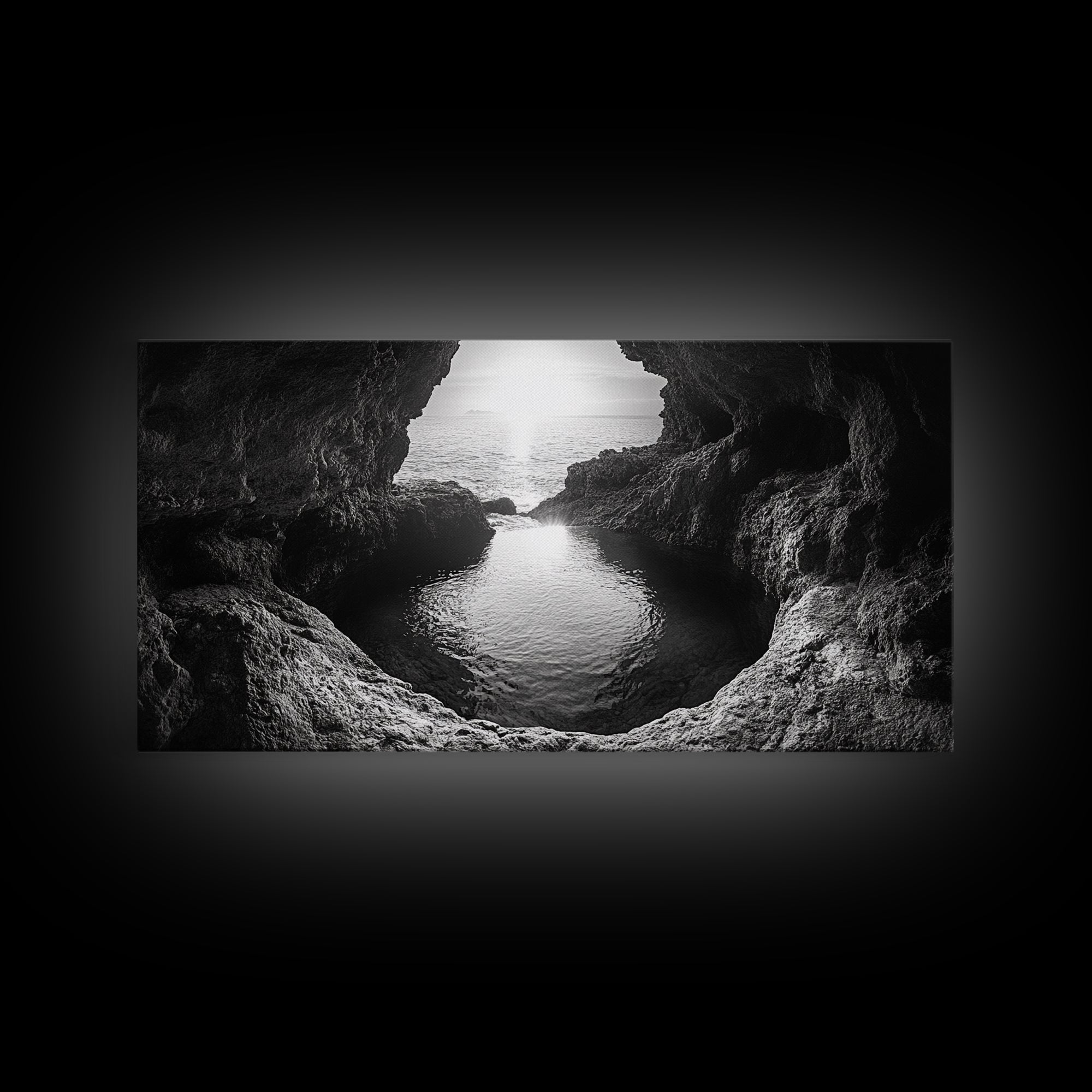 Ocean Cave Sunset, Seascape Art, Black and White Photography, Coastal Decor, Minimalist Style, Canvas Print, Bathroom Wall Art