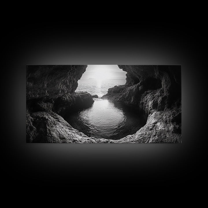 Ocean Cave Sunset, Seascape Art, Black and White Photography, Coastal Decor, Minimalist Style, Canvas Print, Bathroom Wall Art