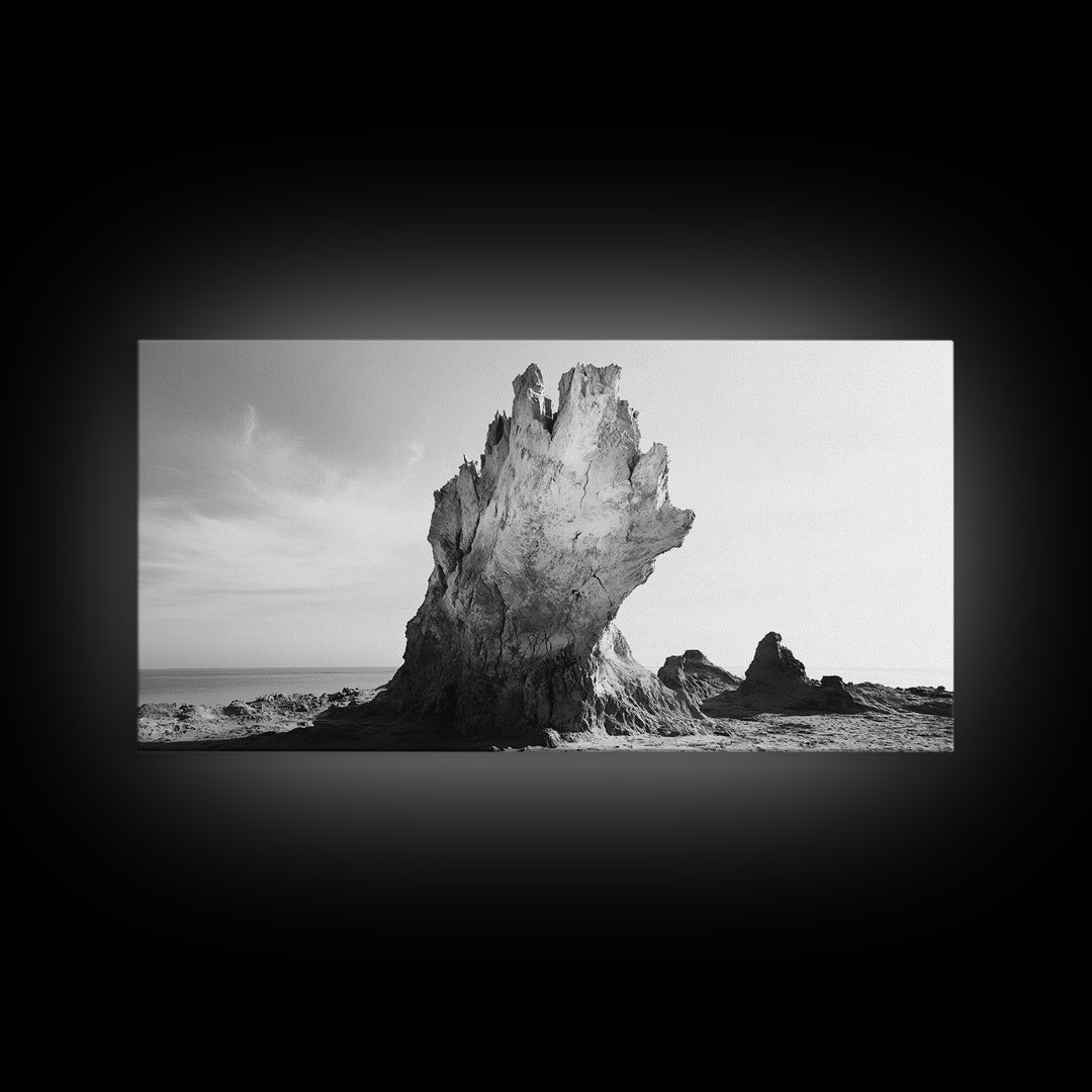 Desert Rock Tower, Surreal Landscape, Modern Nature Art, Canvas Print, Black and White Office Decor, Minimalist Style Piece, Bedroom Wall Art