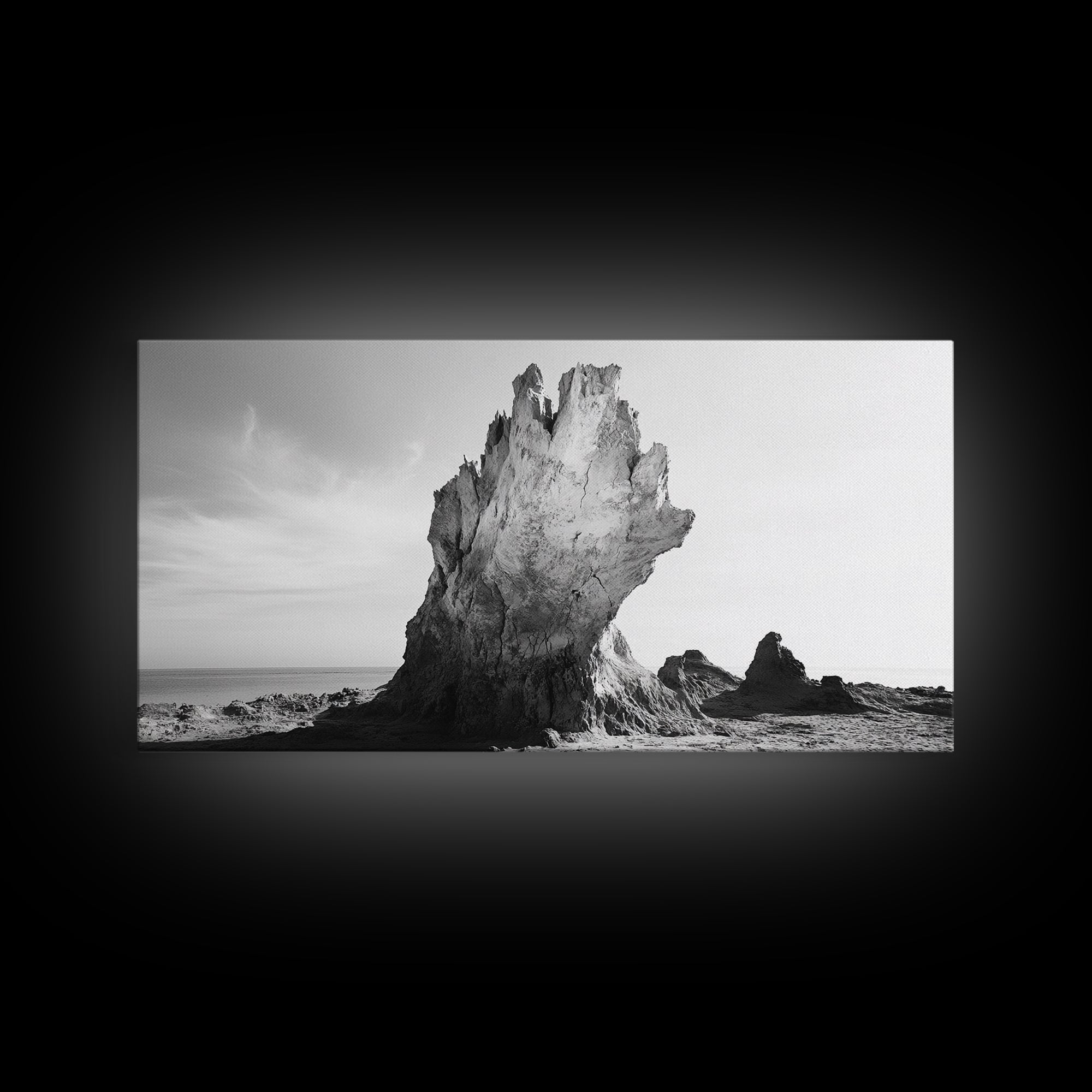 Desert Rock Tower, Surreal Landscape, Modern Nature Art, Canvas Print, Black and White Office Decor, Minimalist Style Piece, Bedroom Wall Art