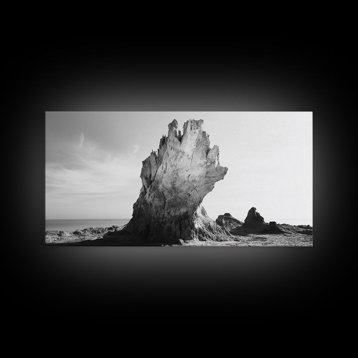 Desert Rock Tower, Surreal Landscape, Modern Nature Art, Canvas Print, Black and White Office Decor, Minimalist Style Piece, Bedroom Wall Art