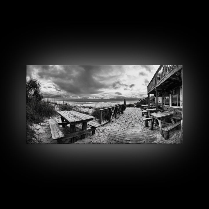 Beach Boardwalk, Coastal Restaurant, Moody Seaside View, Framed Canvas Print, Kitchen or Bar Wall Art, Rustic Autumn Decor