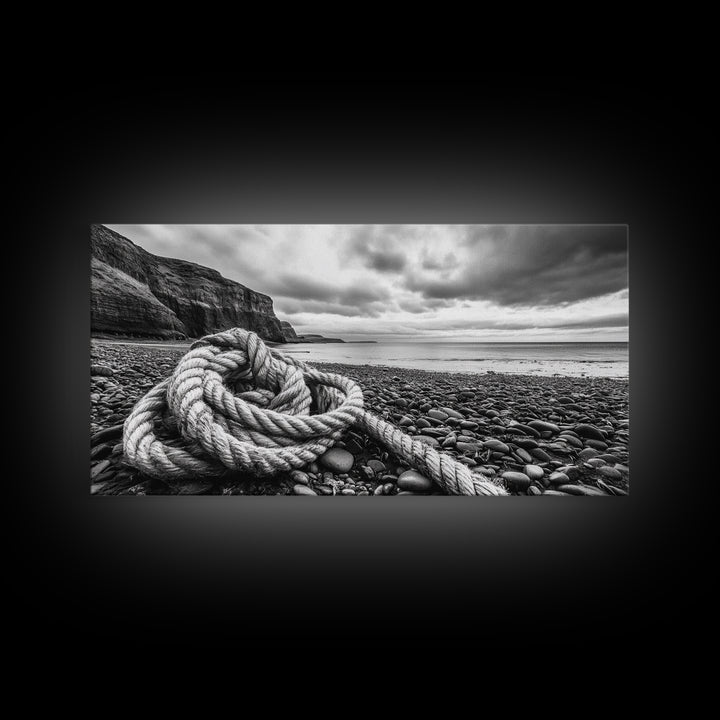 Coastal Rope, Pebble Shore, Nautical Texture, Rugged Seascape, Canvas Print, Bathroom Wall Art, Beach House Style, Moody Ocean Decor