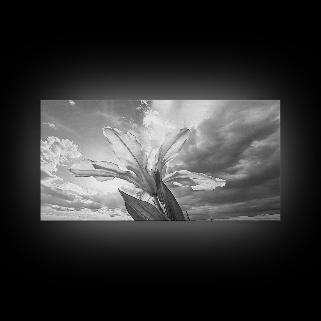 Blooming Iris, Floral Sky, Dreamy Nature, Petal Light, Framed Canvas Print, Modern Bedroom Art, Feminine Wall Art, Botanical Home Decor