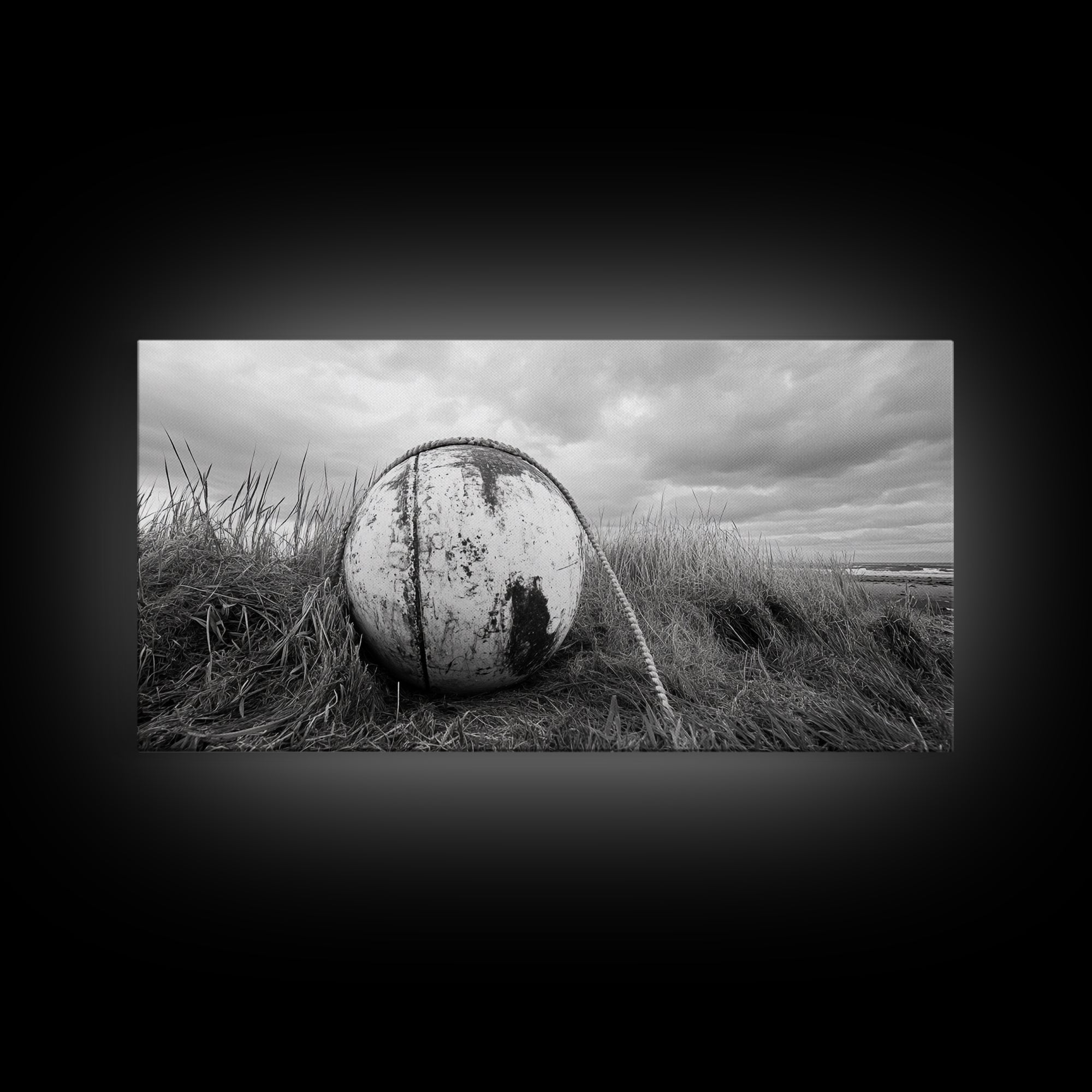 Coastal Buoy, Nautical Sphere, Fishing Rope, Beach Grass, Framed Canvas Print, Coastal Bathroom Art, Seaside Wall Decor, Rustic Style