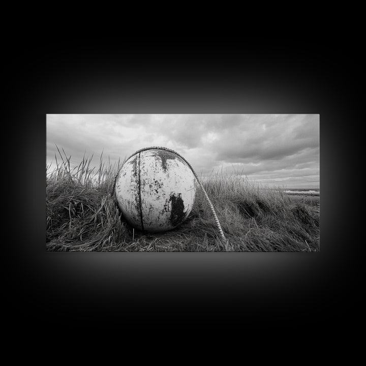 Coastal Buoy, Nautical Sphere, Fishing Rope, Beach Grass, Framed Canvas Print, Coastal Bathroom Art, Seaside Wall Decor, Rustic Style