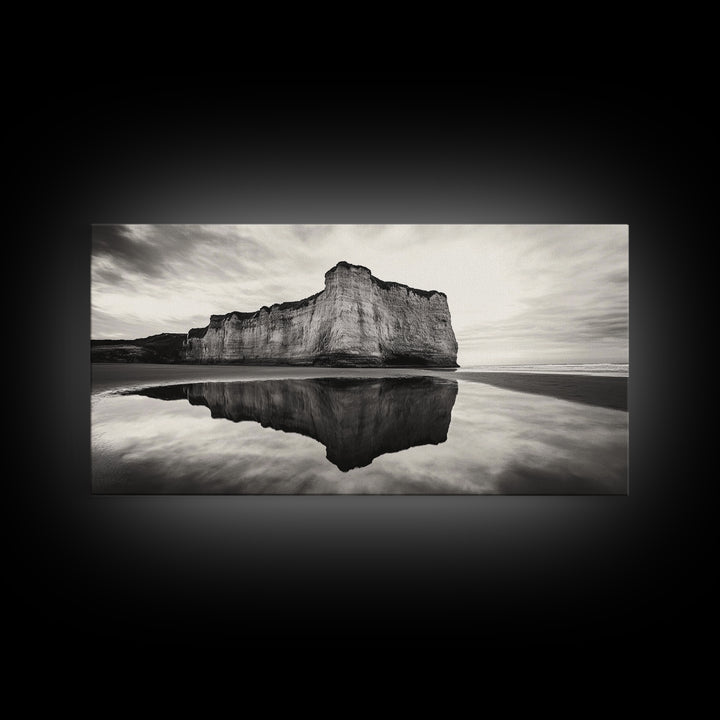 Cliff Reflection, Coastal Monolith, Seashore Beauty, Sunset Vibes, Framed Canvas Print, Living Room Art, Minimalist Beach Scene