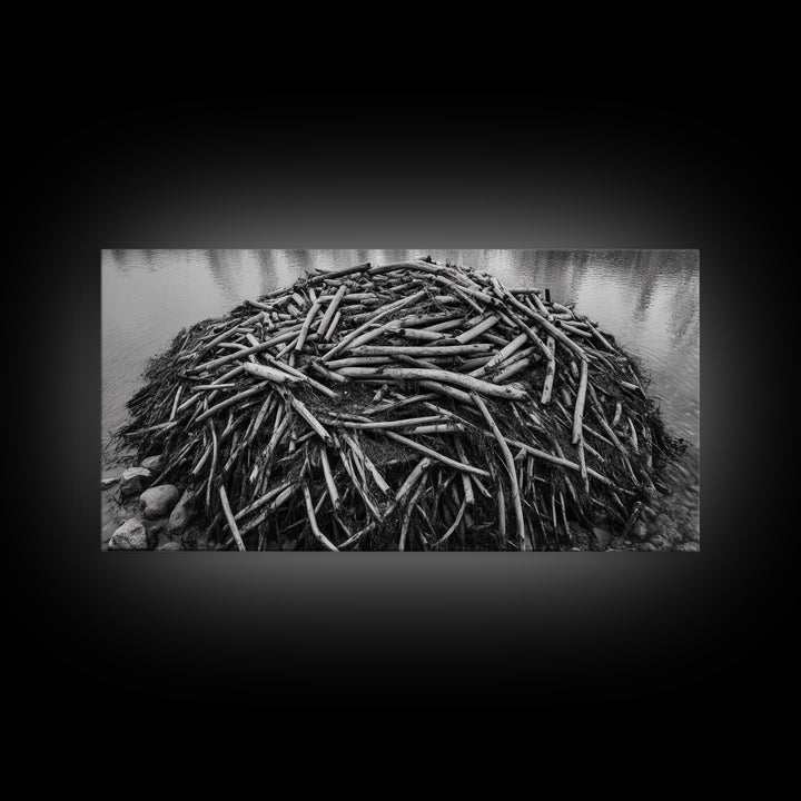 Beaver Lodge, Natural Structure, Earthy River Habitat, Framed Canvas Print, Cabin Wall Art, Nature-Inspired Rustic Fall Decor