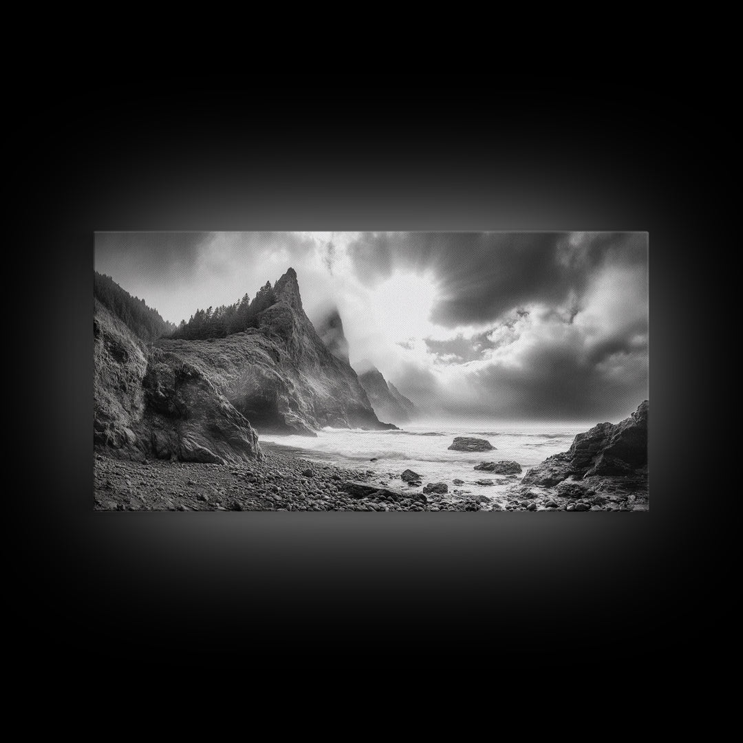 Coastal Cliffside, Stormy Sea, Dramatic Sky, Ocean Mood, Framed Canvas Print, Monochrome Art, Living Room Beach House Decor