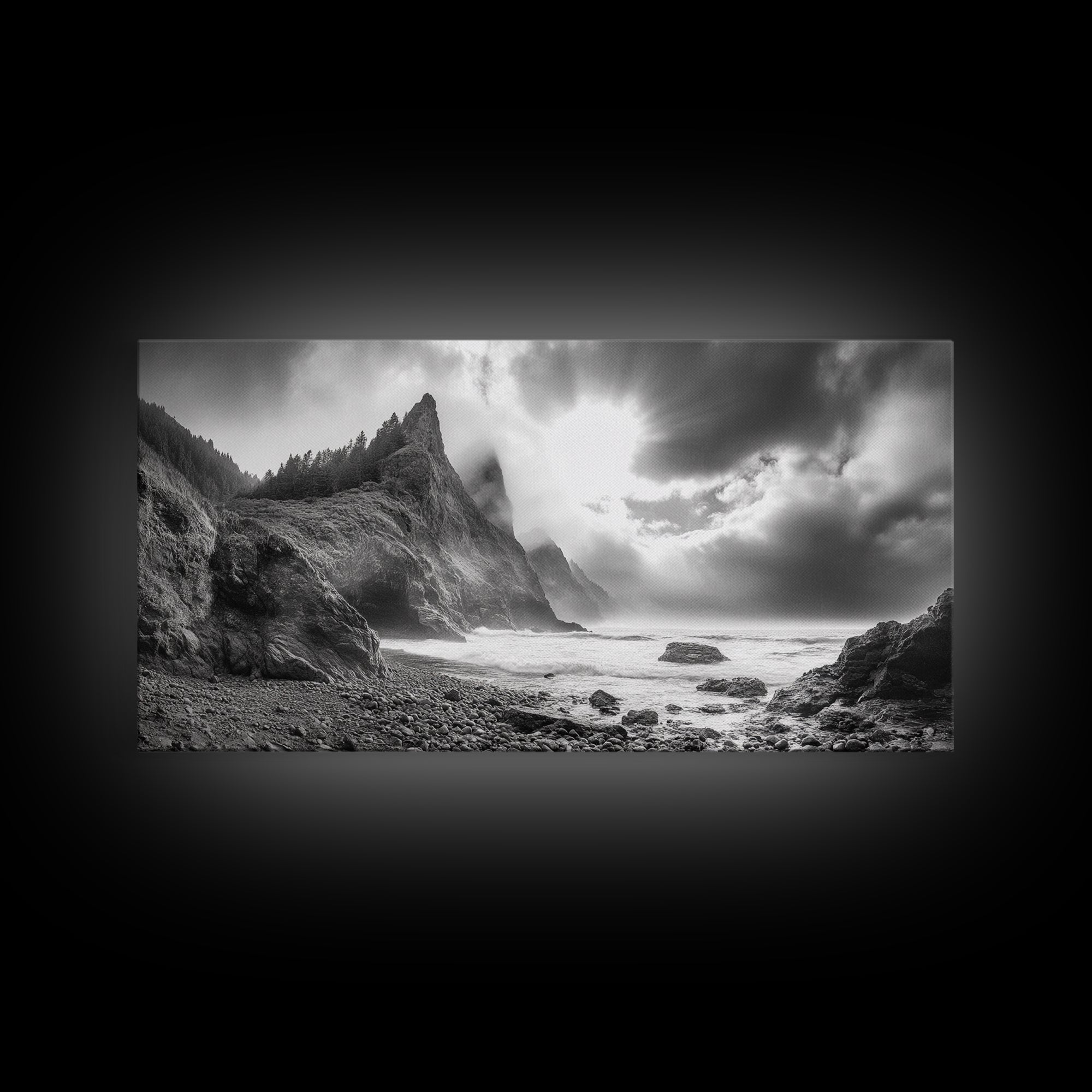 Coastal Cliffside, Stormy Sea, Dramatic Sky, Ocean Mood, Framed Canvas Print, Monochrome Art, Living Room Beach House Decor