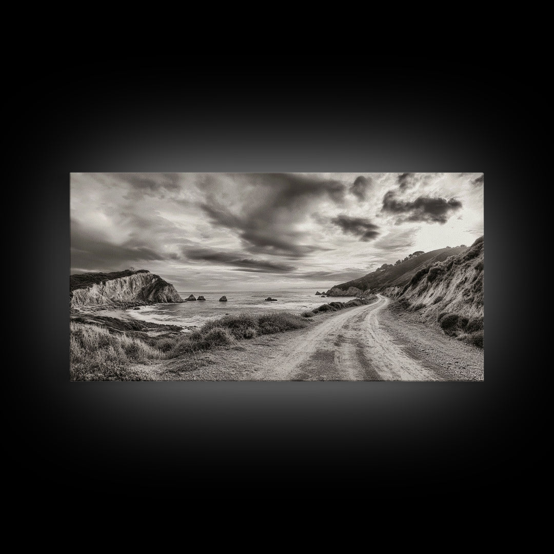 Coastal Road, Scenic Journey, Ocean Path, Cloudy Sky, Framed Canvas Print, Rustic Wall Art, Entryway Wanderlust Landscape, Coastal House