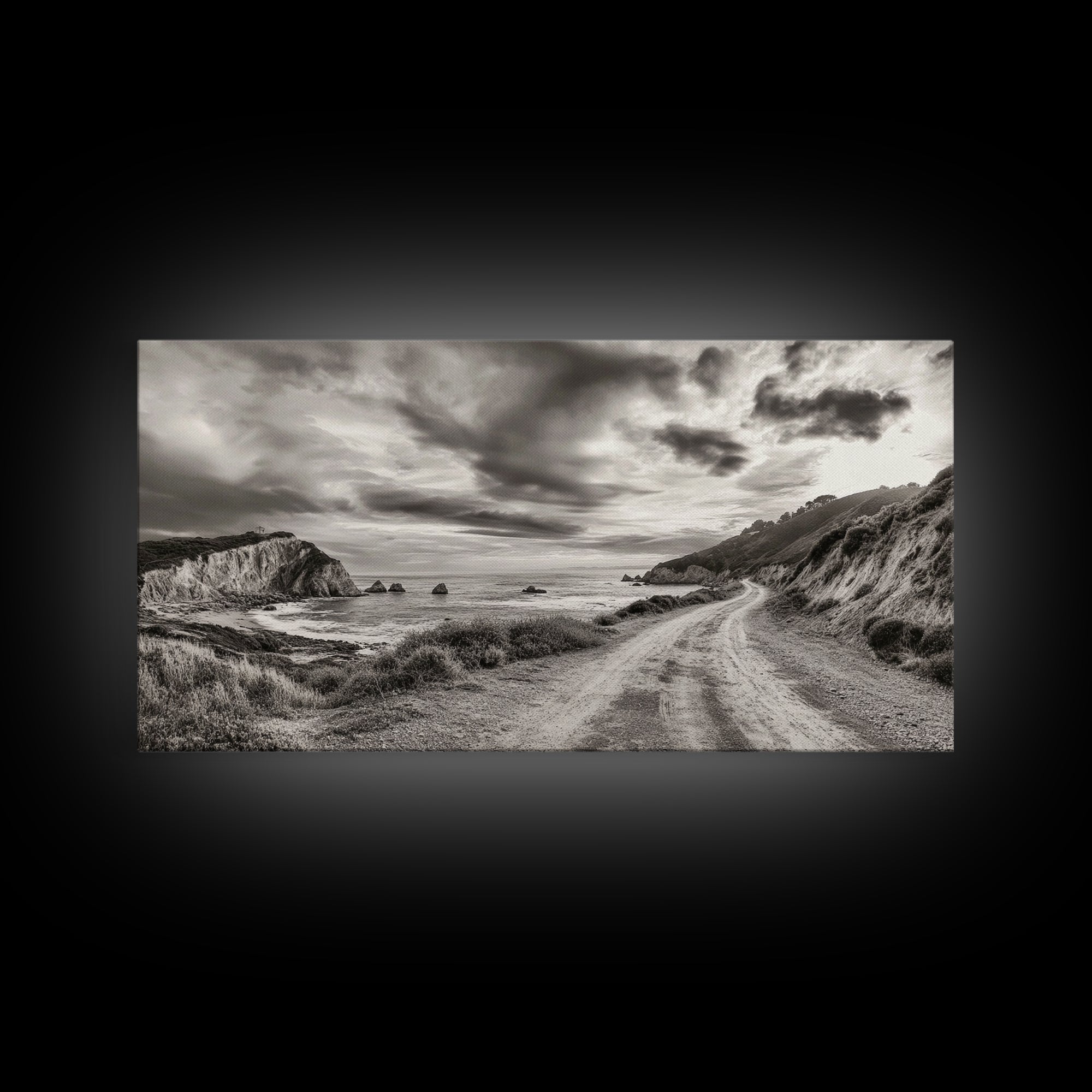 Coastal Road, Scenic Journey, Ocean Path, Cloudy Sky, Framed Canvas Print, Rustic Wall Art, Entryway Wanderlust Landscape, Coastal House