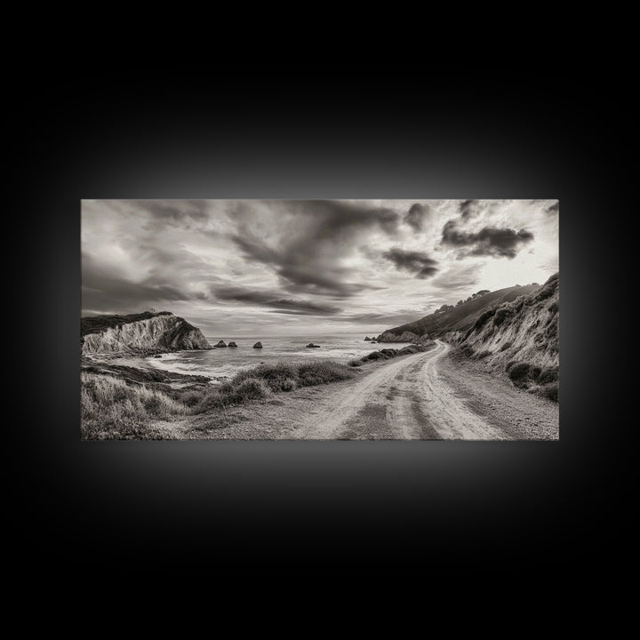 Coastal Road, Scenic Journey, Ocean Path, Cloudy Sky, Framed Canvas Print, Rustic Wall Art, Entryway Wanderlust Landscape, Coastal House